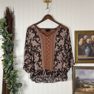 Cynthia Rowley Boho Paisley Ruffle Hem V-Neck Blouse Women's Large 100% Viscose